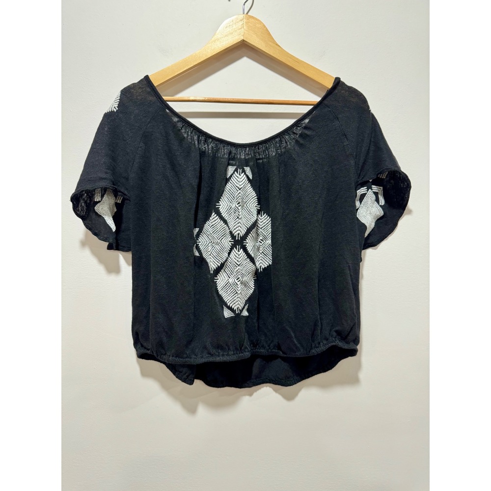 Free People Black Linen Embroidered Tie Back Crop Top Blouse Medium